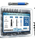 Built Tough Self Drilling Drywall Anchors With Screws Kit includes 75 black wall plugs, 75 #8 screws, and drill bit for 75 lbs mounting.