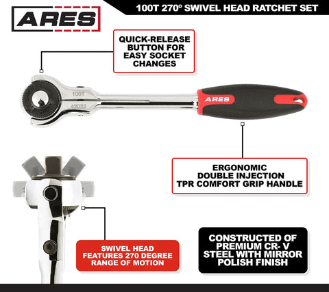 100 Tooth Swivel Head Ratchet Set for Heavy Duty Jobs with ergonomic handle and 270-degree swivel, chrome vanadium steel.