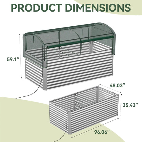 Diagram showing dimensions of 8x4x3 ft Tall Galvanized Raised Garden Bed With Self Watering System and Mesh Cover.