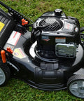 Self Propelled Lawn Mower With 150cc Briggs And Stratton Engine ReadyStart 22 Inch Steel Deck 3 In 1 Mulch Bag Side Discharge Or Rear Bag 12 Inch High Rear Wheels Solid Traction For Flat Or Sloped Lawns, side view