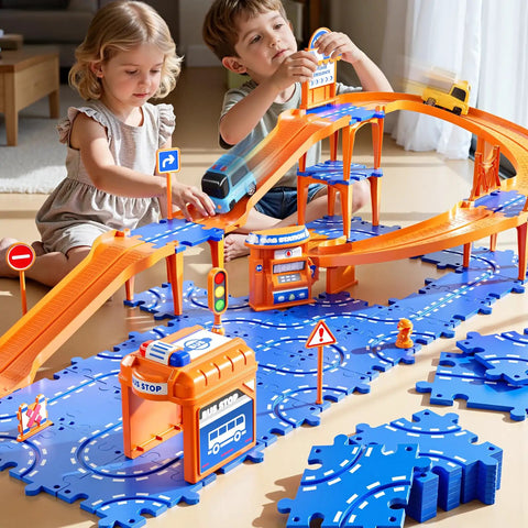 Two kids playing with Totally Cool Puzzle Race Car Track Set for Kids Ages 3 to 8 DIY Floor Car Track Toy with turns and ramps