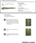 Installation guide for U Model Ground Screw Anchor for 4x4 posts with tools, rebar, and lag bolts shown