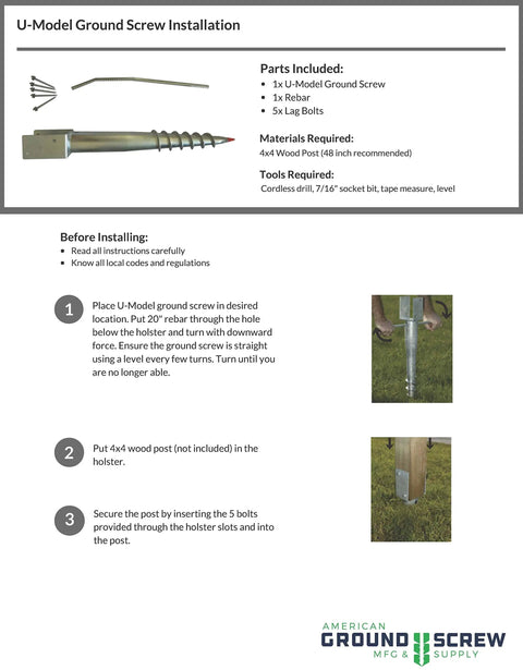 Installation guide for U Model Ground Screw Anchor for 4x4 posts with tools, rebar, and lag bolts shown