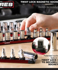 Hand adjusting Fifteen And A Half Inch Magnetic Socket Rail Kit With Twist Lock Aluminum Holder For SAE and Metric Sockets