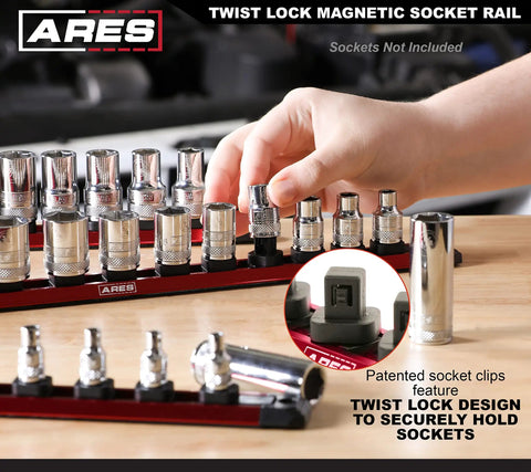 Hand adjusting Fifteen And A Half Inch Magnetic Socket Rail Kit With Twist Lock Aluminum Holder For SAE and Metric Sockets