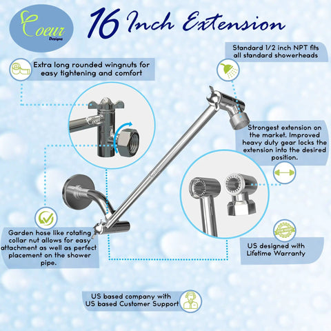 Extra Long 16 Inch Shower Arm Extension Made Of Solid Brass, Height And Angle Adjustable With Locking Gear For A Perfect Position Every Time, Universal One Half Inch NPT Fits All Showerheads