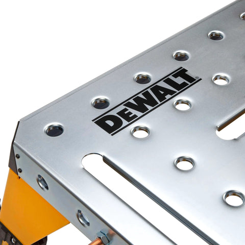 Adjustable Height Portable Steel Welding Table And Work Bench With Folding Legs, Carrying Handle, Cord Minder, 18 By 46 Inch Tabletop, 1000 Pound Capacity, Built Tough With Versatile Mounting Slots For Clamps And Projects, close-up of metal tabletop with brand logo and holes.