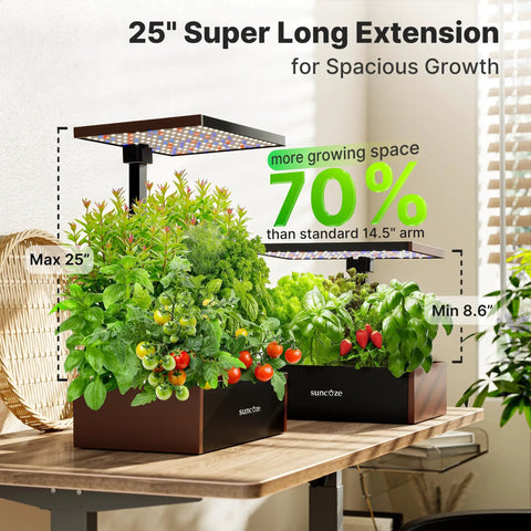 Indoor Hydroponics Growing System With 20 Pods And 12 Support Sticks 30W LED Grow Light 10L Water Tank Up To 25 Inches High Germination Kit With Quiet Pump For Herbs And Microgreens Grows Like A Boss Black on table showing growth height.