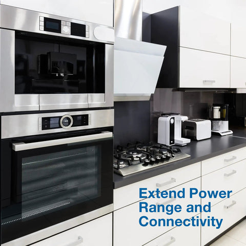 Modern kitchen featuring heavy duty 12ft appliance extension cord with 14 gauge high voltage flat end 3 prong plug.