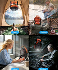 Rechargeable Camping Fan With 20000mAh Battery, LED Light, And Built In Hook shown in various use settings.
