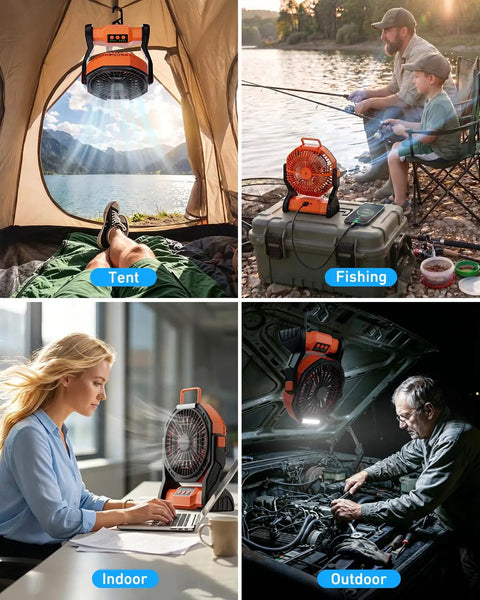 Rechargeable Camping Fan With 20000mAh Battery, LED Light, And Built In Hook shown in various use settings.