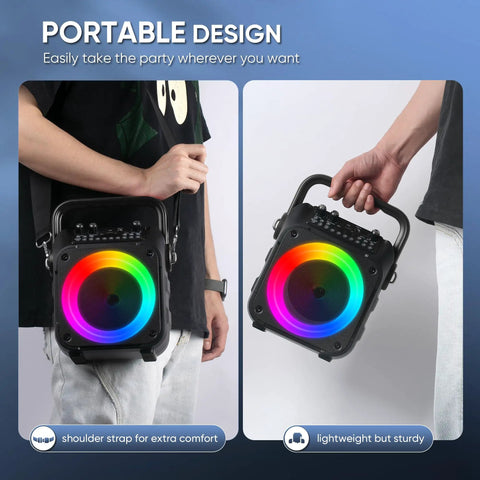 Totally Party-Ready Portable Bluetooth Karaoke System held by person, LED lights on display, easy to carry.