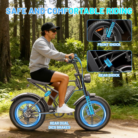 Man riding Fat Tire Electric Mountain Bike All Terrain E Bike With 1500W Peak Motor, 28 MPH Top Speed, in a forest setting