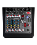 Front view of Six Channel Compact Live Mixer With Guitar DI High Impedance Inputs And GS Pre Preamps Durable Metal Chassis Built In FX And USB Interface