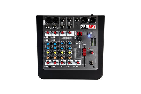 Front view of Six Channel Compact Live Mixer With Guitar DI High Impedance Inputs And GS Pre Preamps Durable Metal Chassis Built In FX And USB Interface