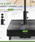 Beefy 100 Lb Fillable Umbrella Base With 4 Wheels And Dual Locks, fits 6-12ft umbrellas, shown with pole adapter details