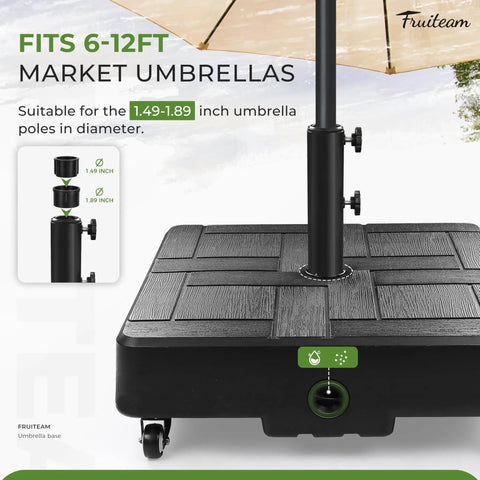 Beefy 100 Lb Fillable Umbrella Base With 4 Wheels And Dual Locks, fits 6-12ft umbrellas, shown with pole adapter details