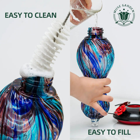 Outdoor Hand Blown Glass Hummingbird Feeder With 24 Oz Capacity And Four Feeding Ports being cleaned and filled.