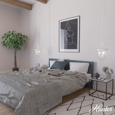 Go-To 3-Light Rustic White Pendant Light Dimmable, Medium Urn Style in modern bedroom setting with clear glass shade