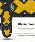 Badass Glacier Trekking Boots with Sweet Anti Slip Traction Spikes for Nasty Ice and Snow Waterproof Windproof 500 Denier Nylon Upper 32 Replaceable Cleats Keep Your Feet Safe from Slips on Gnarly Winter Surfaces Black Size 11 Includes Wrench bottom view with multi-directional outsole and embedded spikes.