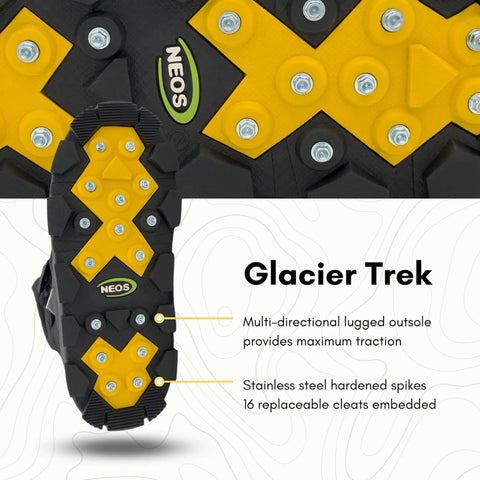 Badass Glacier Trekking Boots with Sweet Anti Slip Traction Spikes for Nasty Ice and Snow Waterproof Windproof 500 Denier Nylon Upper 32 Replaceable Cleats Keep Your Feet Safe from Slips on Gnarly Winter Surfaces Black Size 11 Includes Wrench bottom view with multi-directional outsole and embedded spikes.