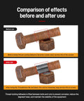 VG290 thread locker on rusty bolts and nuts; before-and-after panels show rusted threads vs coated threads