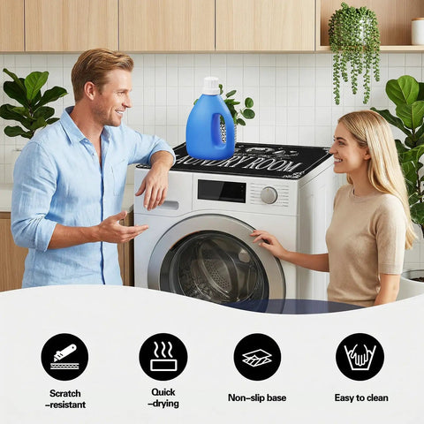 Washer and Dryer Topper Silicone Mat 26 Inch by 26 Inch Non Slip Quick Dry Protector on appliance with detergent bottle