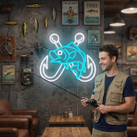 Ice Blue Crossed Fish Hook Neon Sign LED Light Dimmable Wall Decor For Tackle Shops Yachts Man Caves And Fishing Rooms A Dope Gift For Dads Who Live To Fish 17.6 By 13.6 Inches displayed on a wall with fishing decor and a person holding a rod.