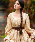 Dope Renaissance Obi Belt With Snatched Medieval Leather Corset Style Game Changing Wide Cinch Strap accenting flowing dress outdoors.
