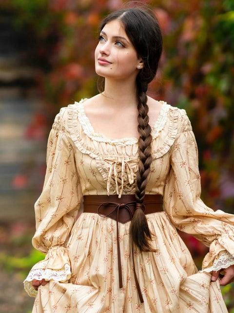 Dope Renaissance Obi Belt With Snatched Medieval Leather Corset Style Game Changing Wide Cinch Strap accenting flowing dress outdoors.