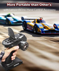 Hand holding X4 2.4GHz 4-Channel RC Radio Transmitter and Receiver X6F with RC cars racing background