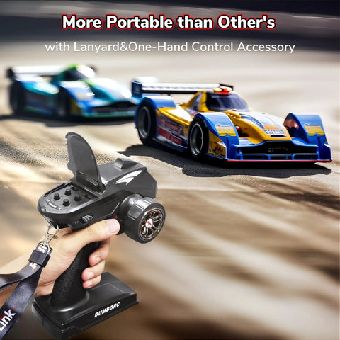 Hand holding X4 2.4GHz 4-Channel RC Radio Transmitter and Receiver X6F with RC cars racing background