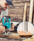 Man using a router on wood; inset shows Six Pack 5/16-18 UNC Fully Threaded Stainless Steel Rods 100mm Long Right Hand Threads