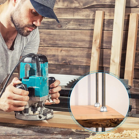Man using a router on wood; inset shows Six Pack 5/16-18 UNC Fully Threaded Stainless Steel Rods 100mm Long Right Hand Threads