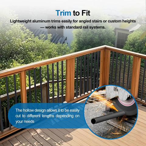Trim to fit lightweight aluminum deck balusters for railing overhaul with a view of standard rail system installation.