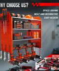 Red Four Drill Holder Power Tool Organizer Wall Mount For Cordless Tools Heavy Duty Garage Tool Rack with hooks and tool slots.