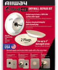 Drywall Repair Kit With Tapered Hole Saw And Two Plugs For Clean Flat Patches packaging with instructions