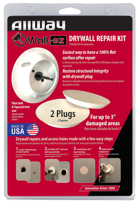 Drywall Repair Kit With Tapered Hole Saw And Two Plugs For Clean Flat Patches packaging with instructions
