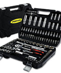 Beefy 108 Piece Mechanics Tool Set With Metric And Standard Sockets One Quarter Inch And One Half Inch Ratchet Set Universal Joint Extension Bars Quick Release Reversible Ratchet Wrench And Plastic Toolbox Storage