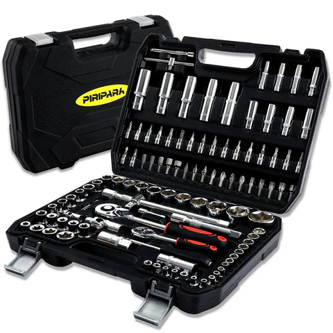 Beefy 108 Piece Mechanics Tool Set With Metric And Standard Sockets One Quarter Inch And One Half Inch Ratchet Set Universal Joint Extension Bars Quick Release Reversible Ratchet Wrench And Plastic Toolbox Storage
