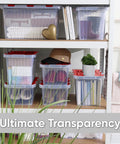 Six Pack Heavy Duty Red Storage Bins With Secure Hinged Lids For Hassle Free Stackable Home Organization And Built Different Clutter Control Solutions Bpa Free large capacity containers displayed on a shelf.