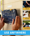 Using Clear Indoor Outdoor Adhesive Mounting Tape With Self Mating Reclosable Mushroom Fasteners to mount toolbox on wall.