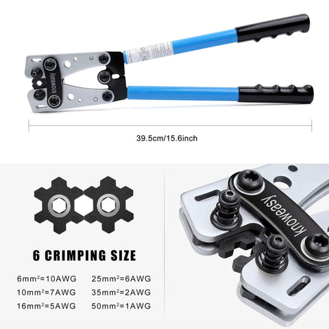 Heavy Duty Battery Cable Lug Crimping Tool with rotating die heads for precise wire crimping, 6 crimping sizes shown