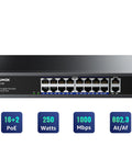 Front view of 18 Port Gigabit PoE Switch with 16 PoE ports, 2 uplink gigabit ports, 250W power supply in metal casing, indications below.
