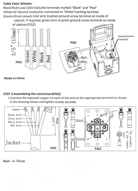 Diagram showing wiring and assembly instructions for Waterproof Lockable Enclosed Power Panel Box With 50 Amp 125 250V RV 14 50R Outlet.