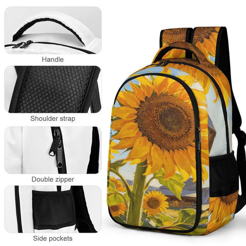 Country Sunflower Landscape Unisex Backpack With Large Capacity For Travel And Everyday Use shown with detailed features