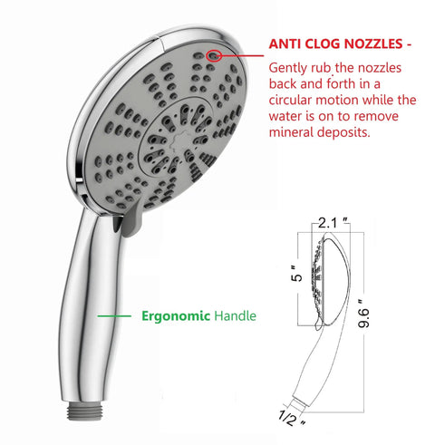 Next Level 5 Inch Anti Clog High Pressure 3 Way Large Dual Shower Head With Handheld Spray showing ergonomic handle design.