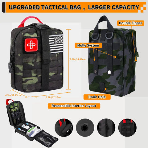Emergency Survival Kit 252 Pieces With Molle System for Home Car Emergency Gear First Aid Kit displayed with storage features.
