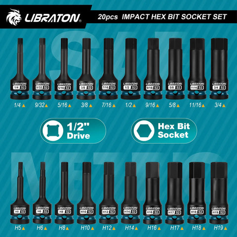 Impact Hex Bit Socket Set Half Inch Drive S2 Alloy Steel 20 Piece Metric And SAE High Torque Sockets display in XPE case