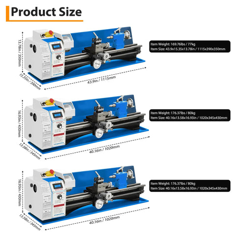 Cuisinsmart 750W Brushless Mini Metal Lathe With Solid Steel Frame And Metal Gears, showing dimensions and layout for precision projects.